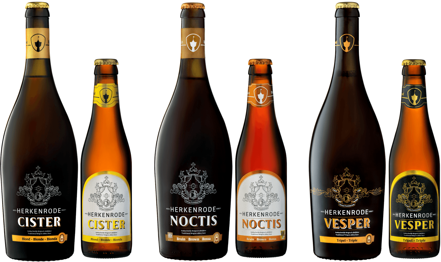 Фотография бутылок Herkenrode Cister, Vesper и Noctis с акцентом на логотип аббатства